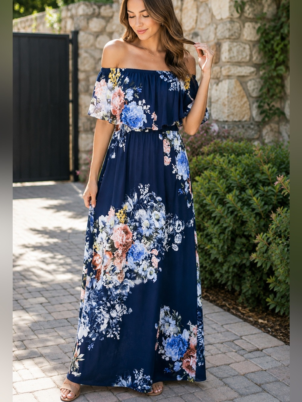 Bellamie Navy Floral Off-Shoulder Maxi Dress, Like New. P2P 15”-19” Size Small